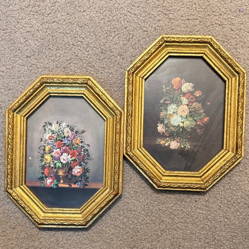 Pair of Gold Florentine Floral Gilt Frames Made in Italy Vintage Art
